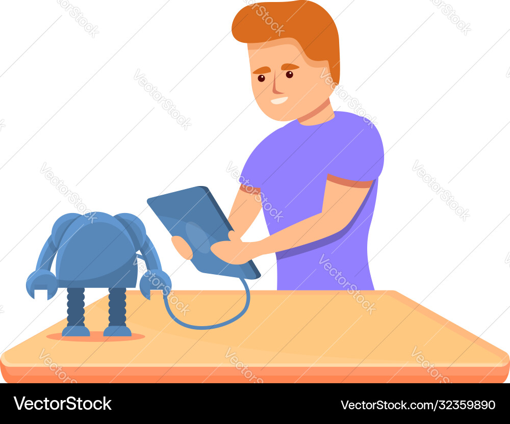 Futuristic boy programming robot icon cartoon Futuristic boy programming robot icon cartoon vector image
