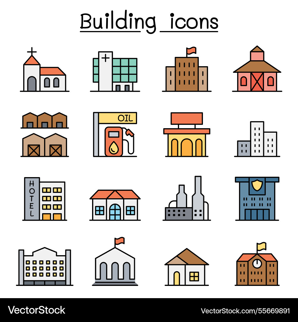 Building icon set in color line style Building icon set in color line style vector image