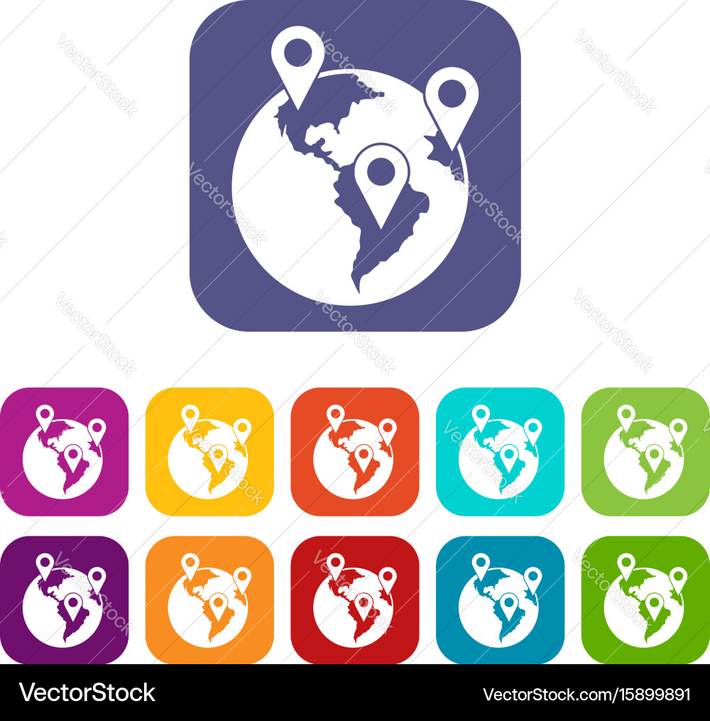 Globe and map pointers icons set vector image