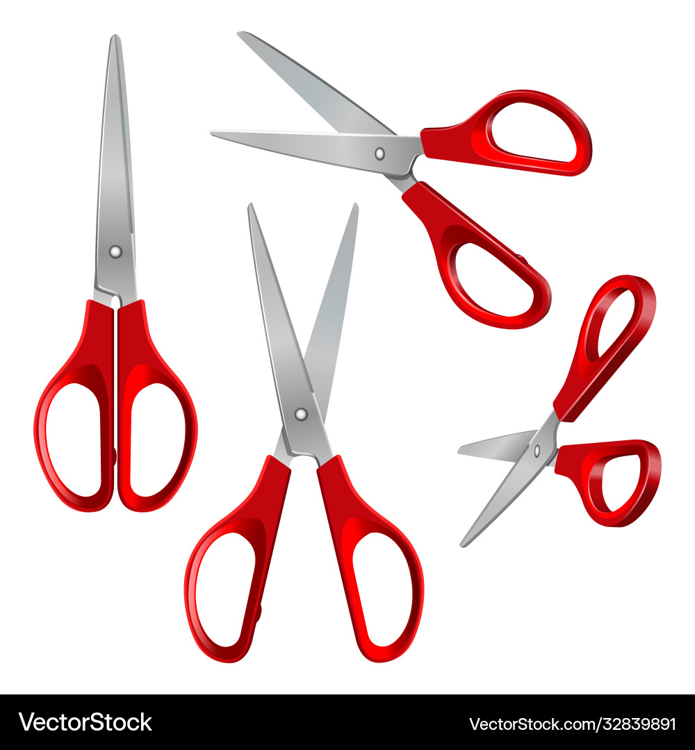 Set scissors with red plastic handles open Set scissors with red plastic handles open vector image