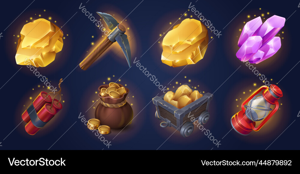 Game mining props icons assets mine items set Game mining props icons assets mine items set vector image