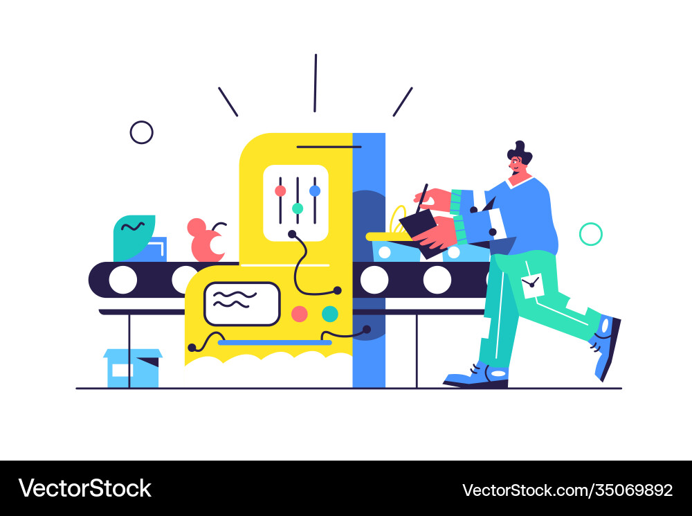 Guy works on conveyor for processing Guy works on conveyor for processing Vector Image