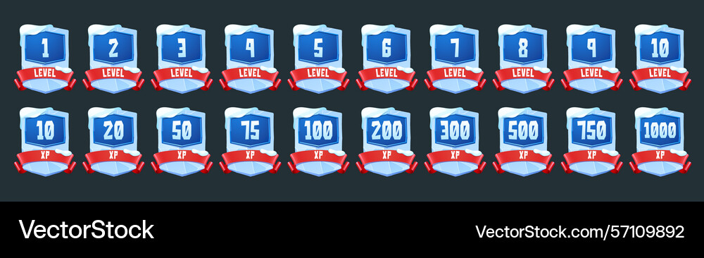 Ice badges with level number and xp for game vector image