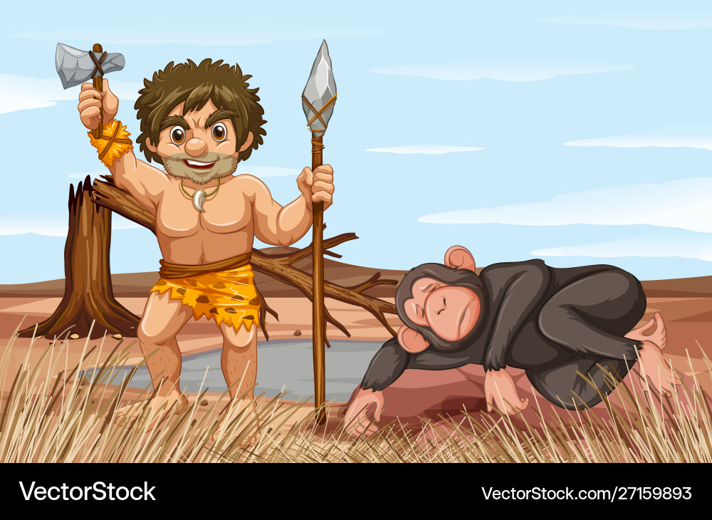Caveman and monkey in field Caveman and monkey in field vector image