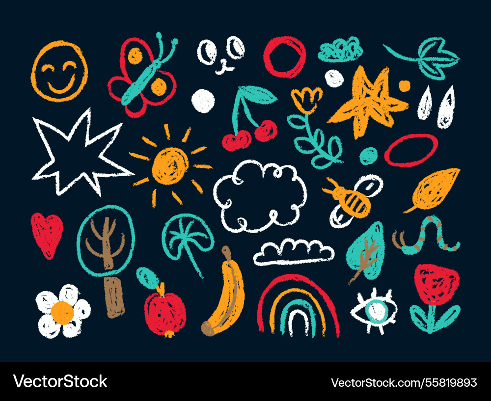 Cute childish doodles wax crayon or colorful chalk Cute childish doodles wax crayon or colorful chalk vector image