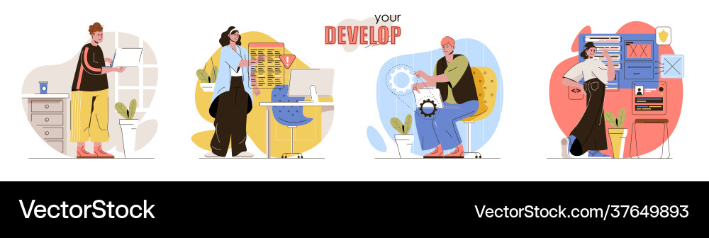 Develop concept scenes set developers coding Develop concept scenes set developers coding vector image
