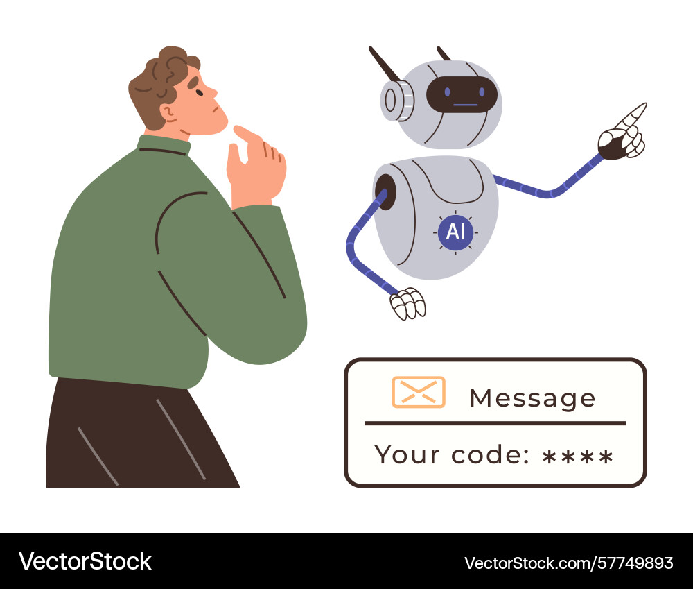 Man contemplates ai robot delivering verification Man contemplates ai robot delivering verification vector image