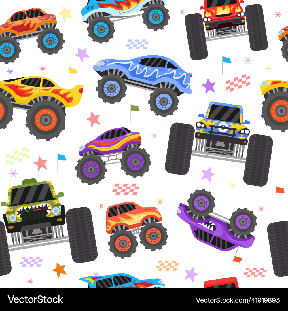 Seamless pattern with cartoon monster trucks vector image