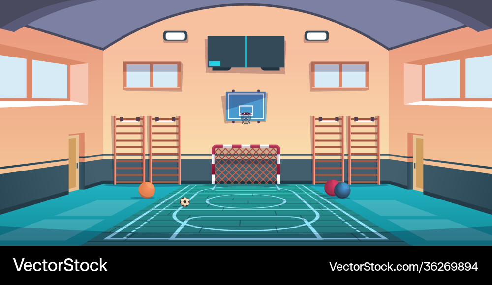 Cartoon school court gym with basketball basket vector image