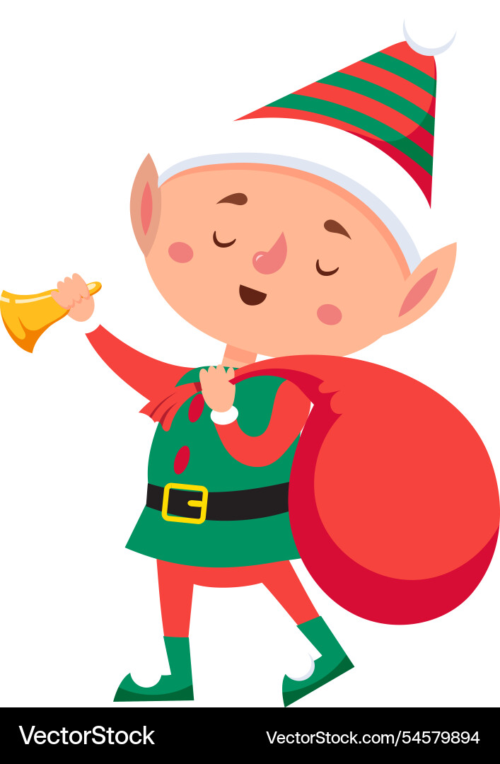 Christmas elf is ringing a golden bell while Christmas elf is ringing a golden bell while vector image