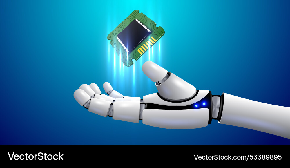 Robot hand holding processor technology machine Robot hand holding processor technology machine vector image