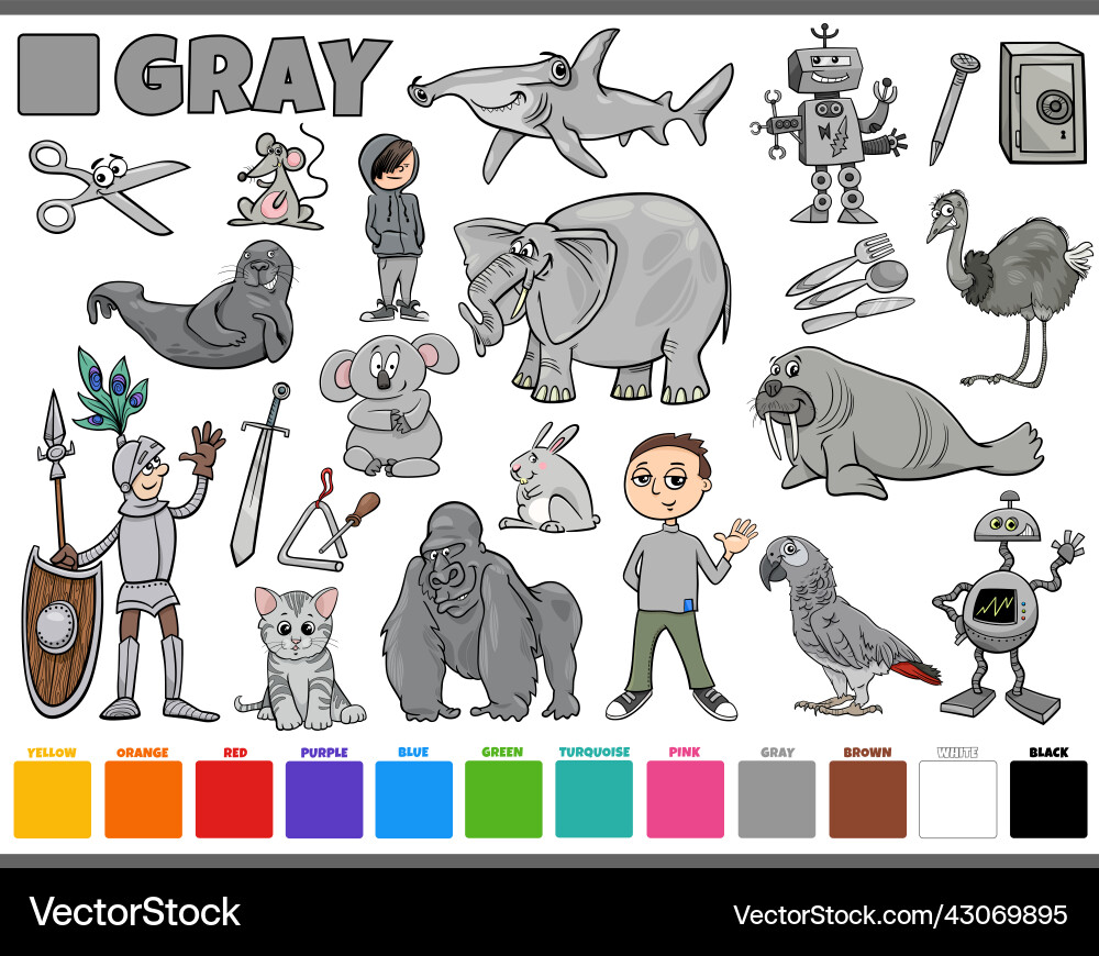 Set with cartoon characters and objects in gray Vector Image