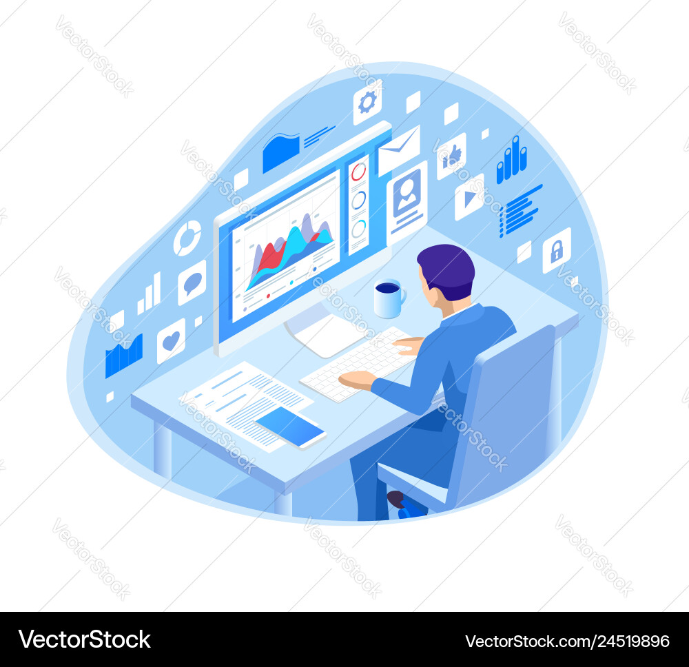 Isometric programmer coding new project sitting Isometric programmer coding new project sitting vector image