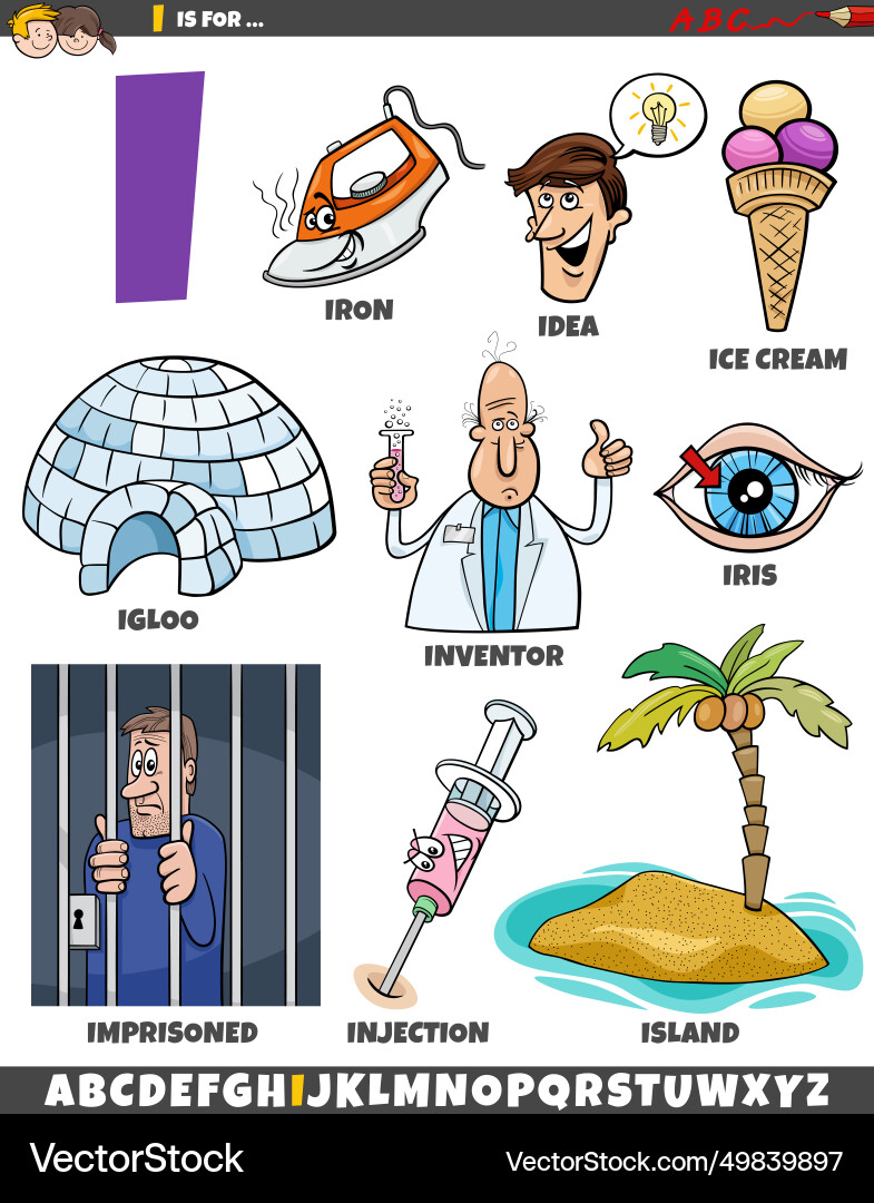 Letter i set with cartoon objects and characters Letter i set with cartoon objects and characters vector image