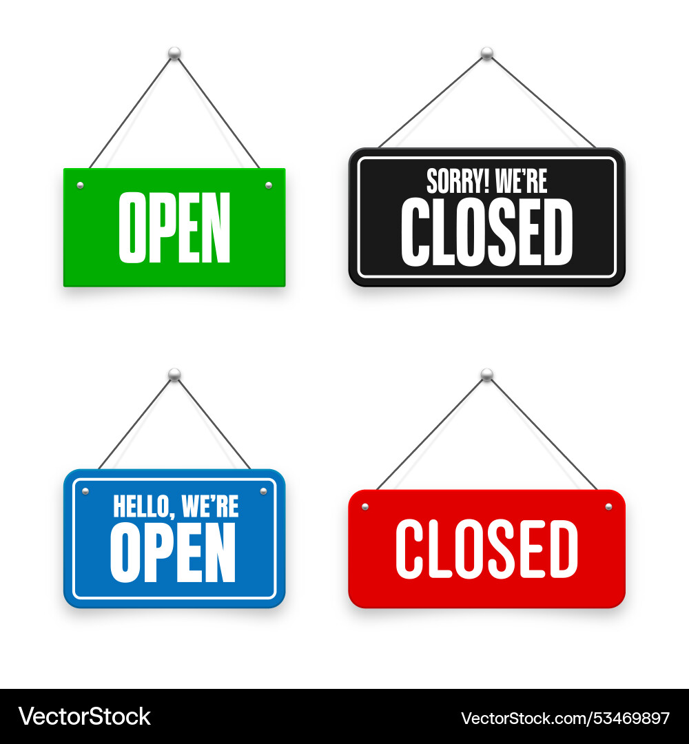 Realistic open or closed hanging signboards Realistic open or closed hanging signboards vector image