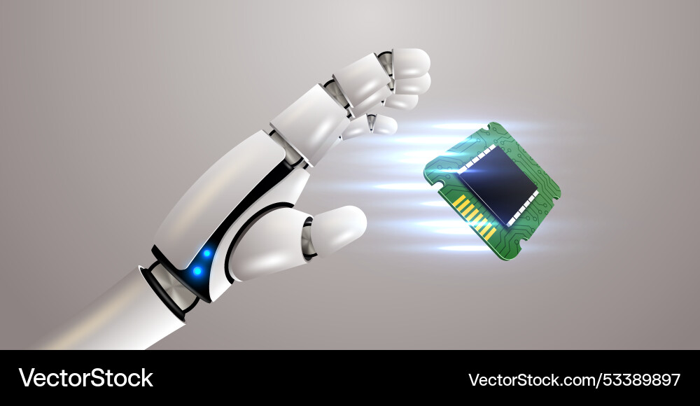 Robot hand holding processor technology machine Robot hand holding processor technology machine vector image
