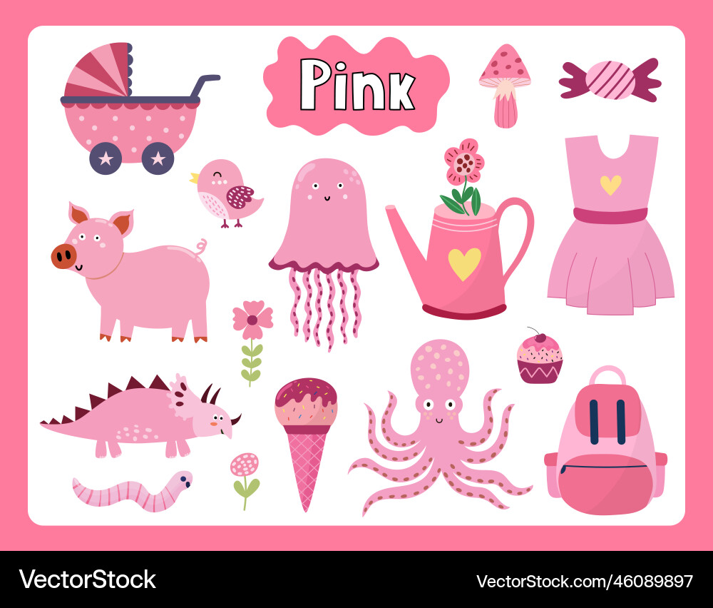 Set of pink color objects primary colors Set of pink color objects primary colors vector image