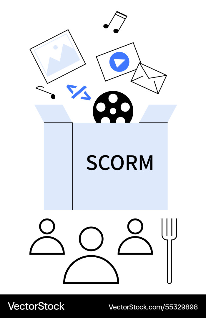 Scorm box with multimedia elements and user icons Scorm box with multimedia elements and user icons vector image