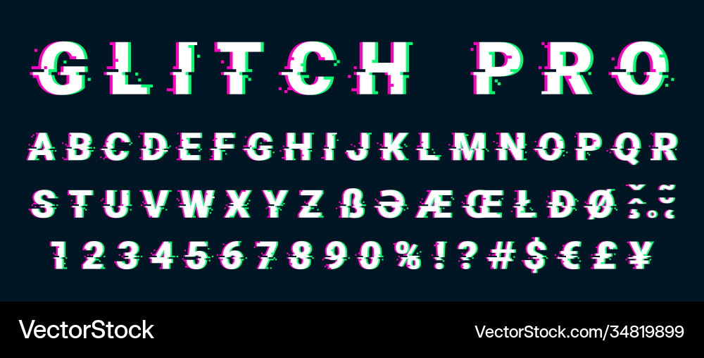Glitch distorted font letter set with broken Glitch distorted font letter set with broken vector image
