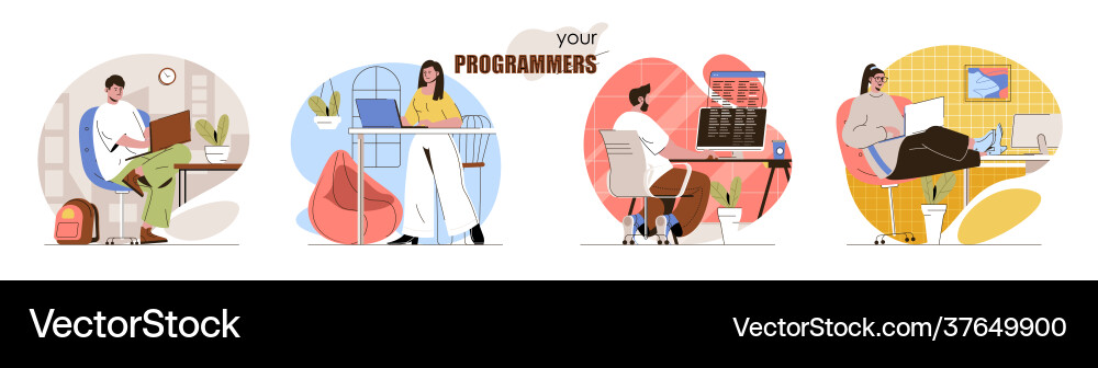 Programmers concept scenes set developers coding Programmers concept scenes set developers coding vector image