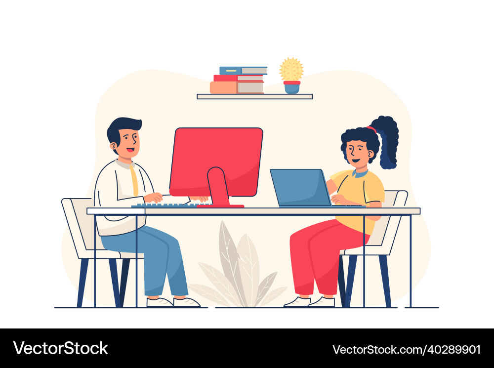 Children learn on computers concept for web banner vector image