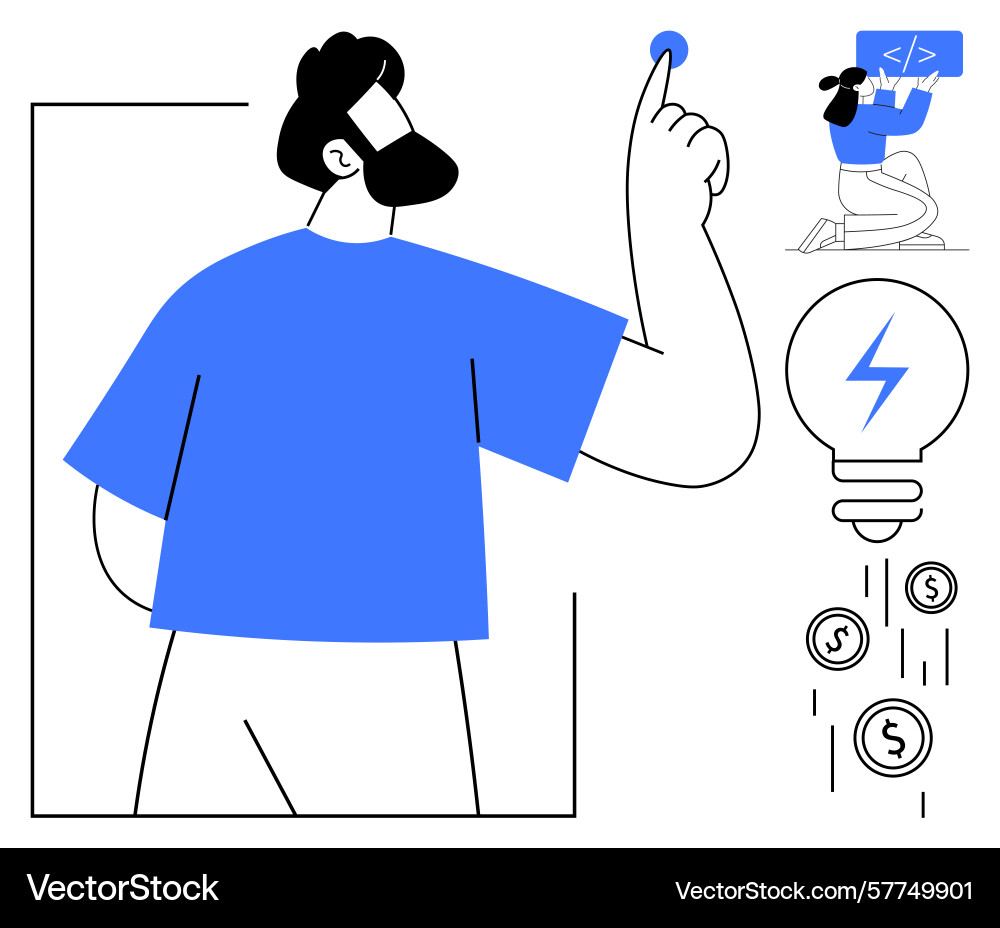 Man activating an idea with coding innovation Man activating an idea with coding innovation vector image