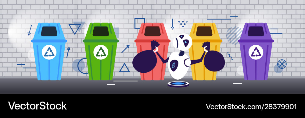 Modern robot putting garbage bags in different Modern robot putting garbage bags in different vector image