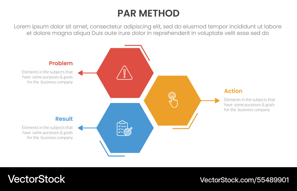 Par method infographic 3 point with hexagon Par method infographic 3 point with hexagon vector image
