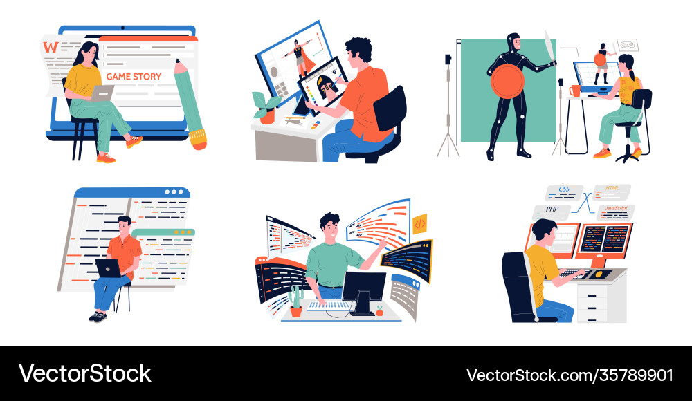 Spielentwicklung Programmierer arbeiten an digital Spielentwicklung Programmierer arbeiten an digital vektorbild