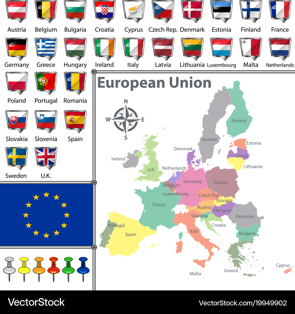 European Union Map with Flags Vector Image