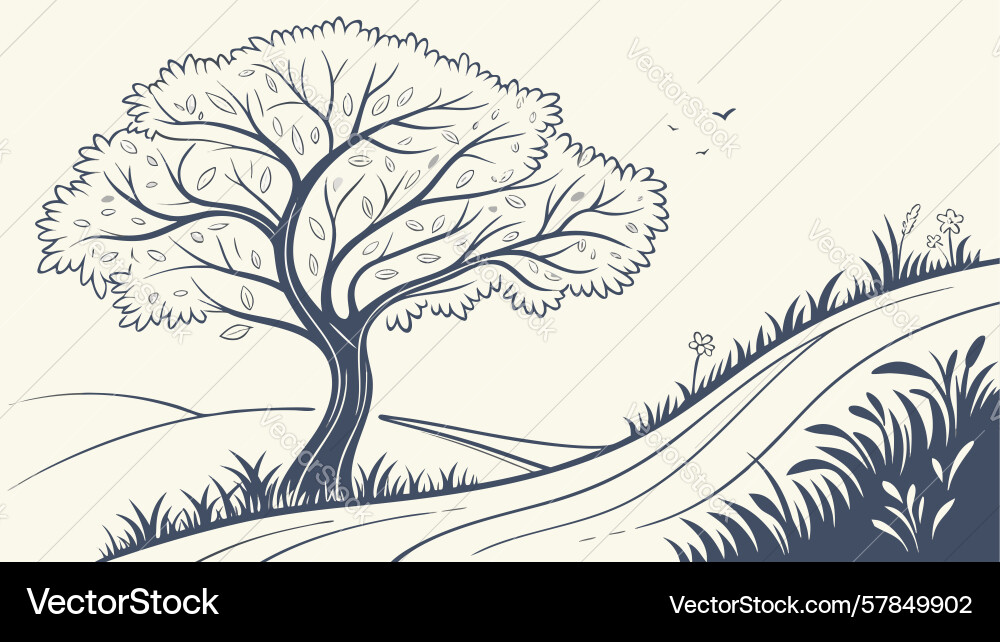 Tree on hill with winding path line art design Vector Image