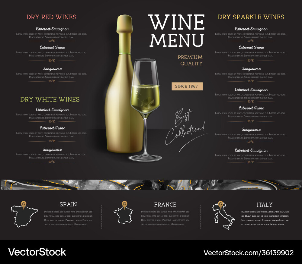 Wine menu design with marble texture background Wine menu design with marble texture background vector image