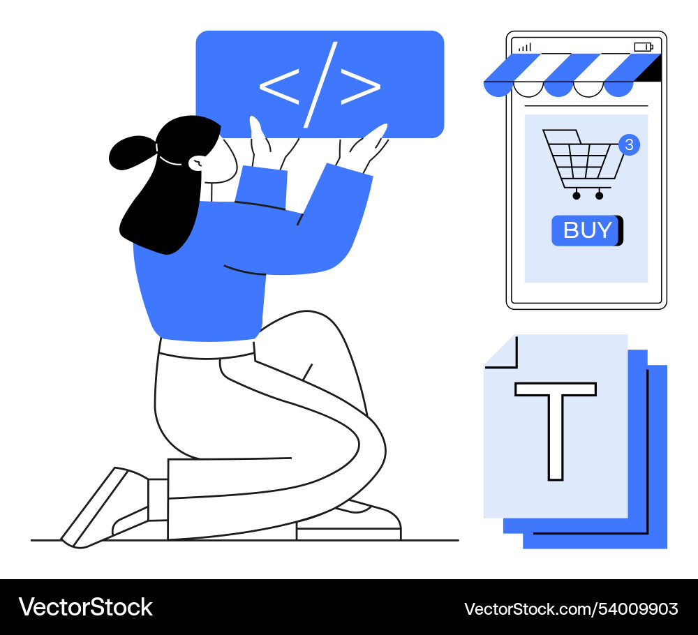 Female coder with code snippet shopping on e Female coder with code snippet shopping on e vector image
