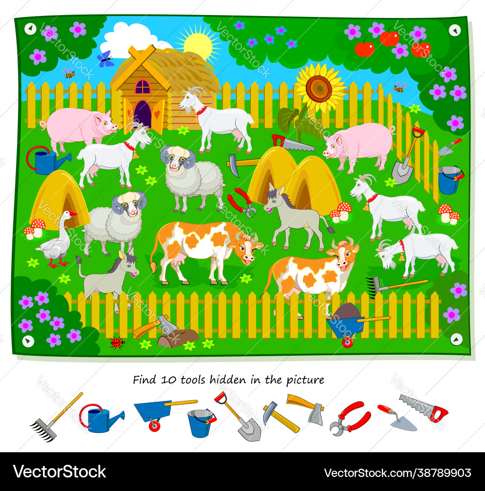 Logic puzzle game for kids find 10 tools hidden Logic puzzle game for kids find 10 tools hidden vector image