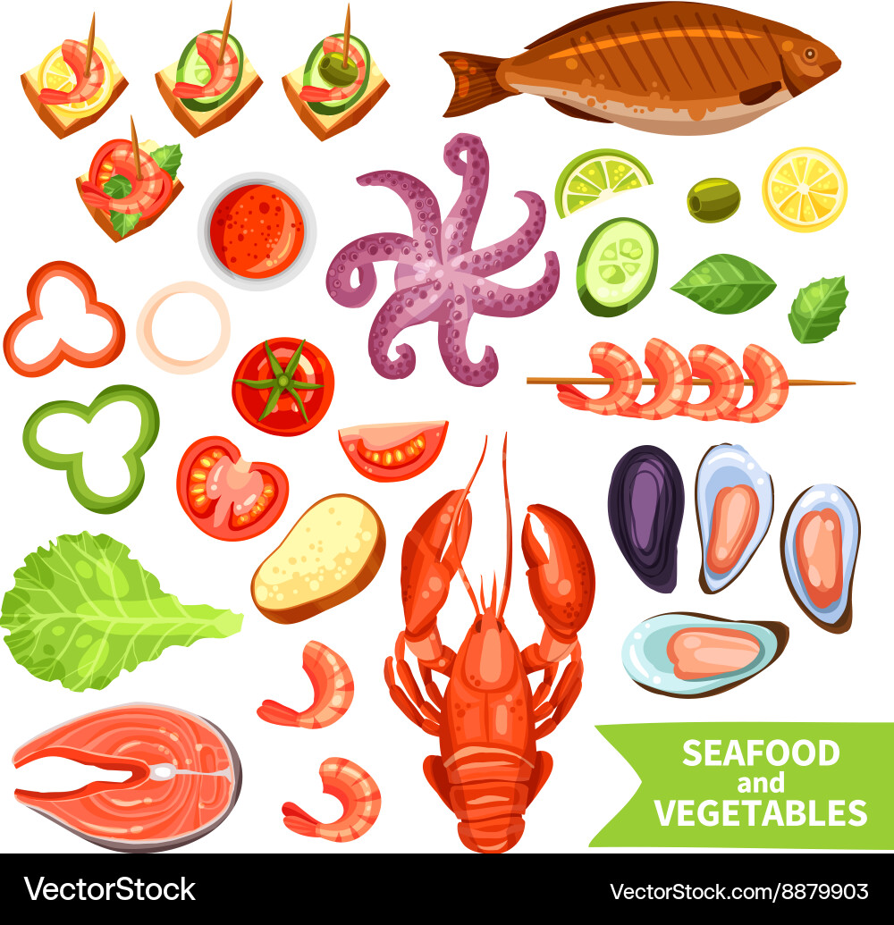 Seafood und Gemüse-Icons Set Vektorbild