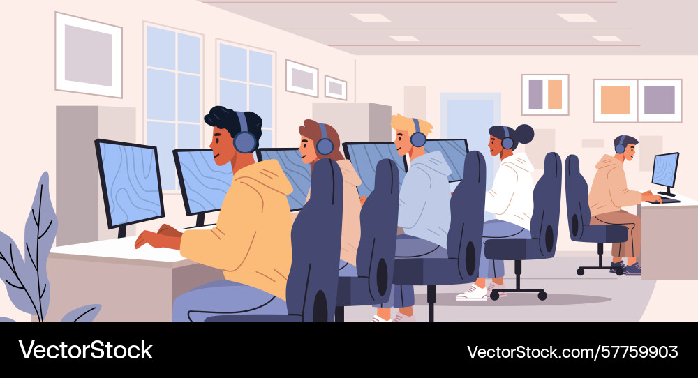 Students computer lab learning technology teamwork Vector Image