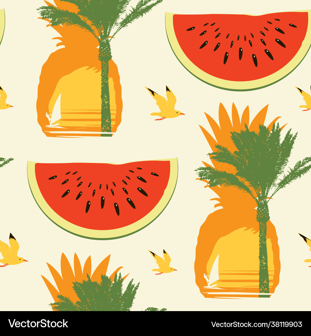 Summer seamless pattern with palms and watermelons Vector Image