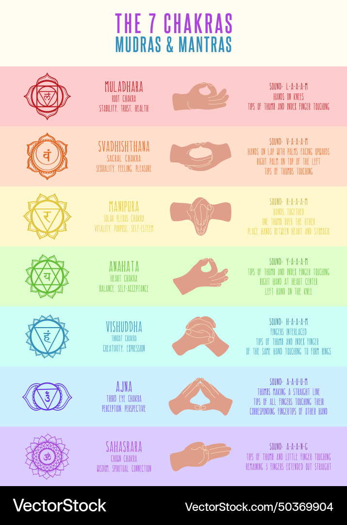 Chart of seven chakras and mudras with mantras Chart of seven chakras and mudras with mantras vector image