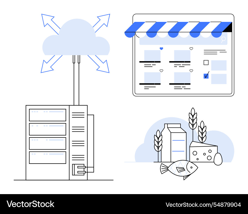 Cloud data servers connecting to e-commerce Cloud data servers connecting to e-commerce vector image