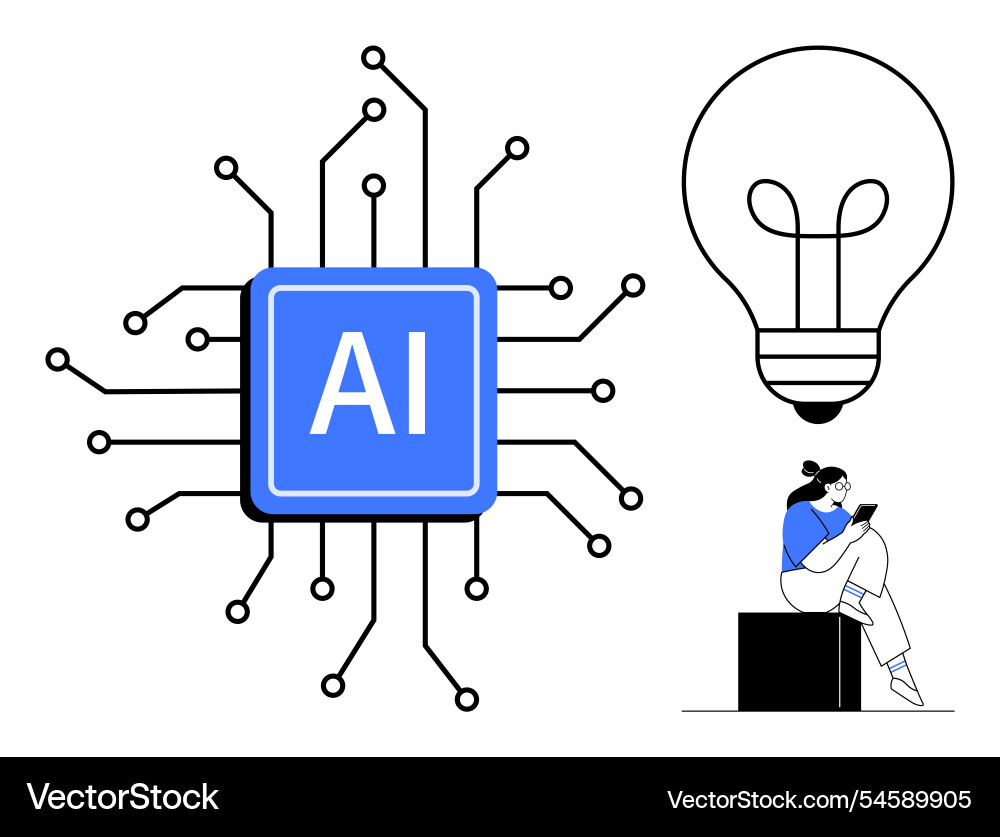 Ai chip circuit with light bulb and person reading Ai chip circuit with light bulb and person reading Vector Image