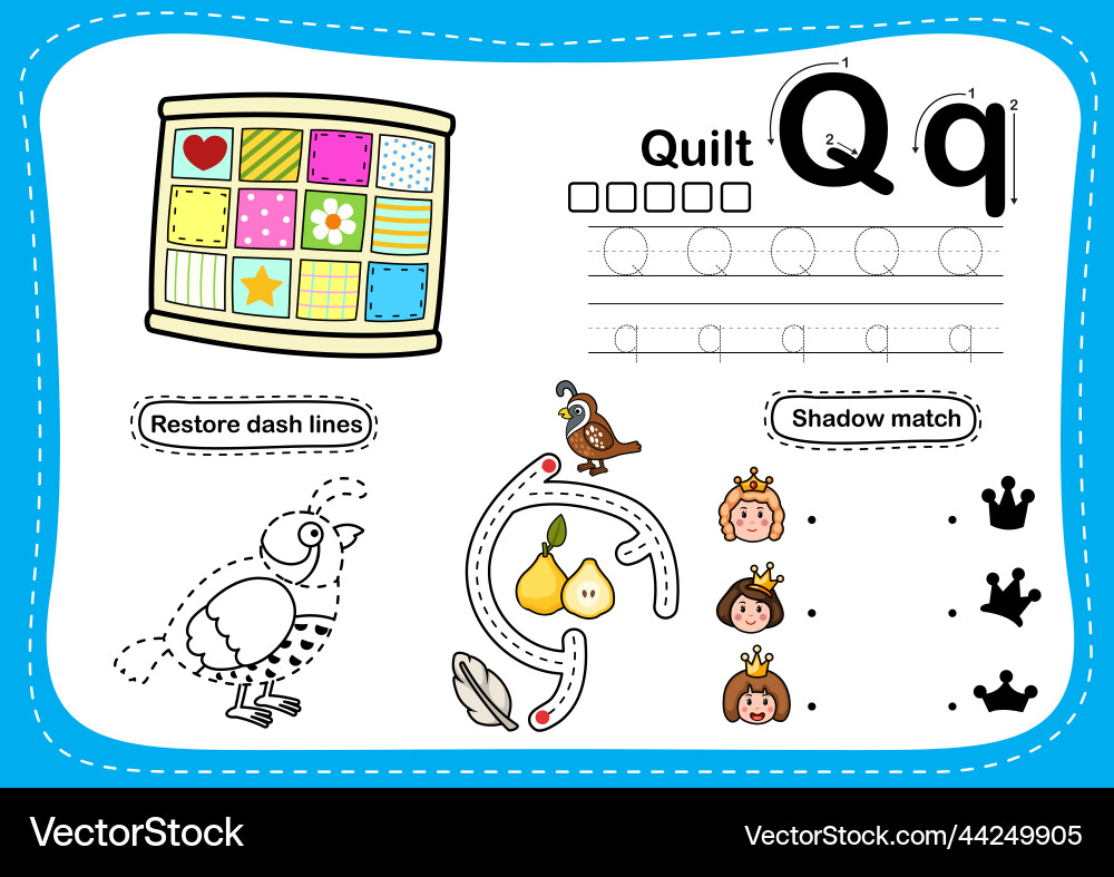 Alphabet letter q - quilt exercise with cartoon Vector Image