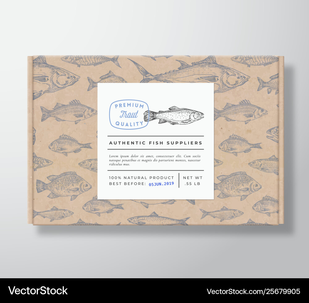 Fish pattern realistic cardboard box with banner Fish pattern realistic cardboard box with banner vector image