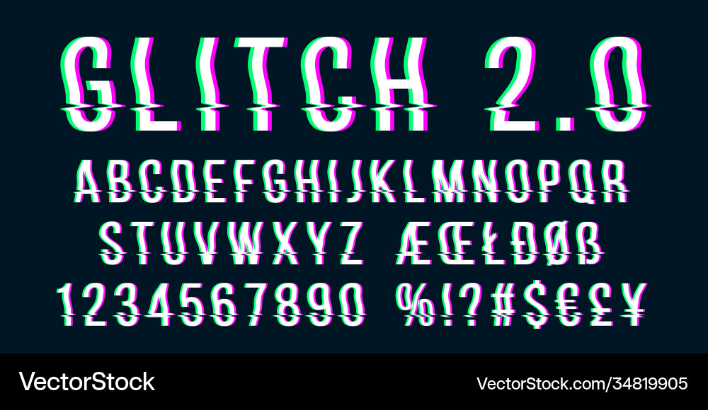 Glitch distorted font letter set with broken vector image