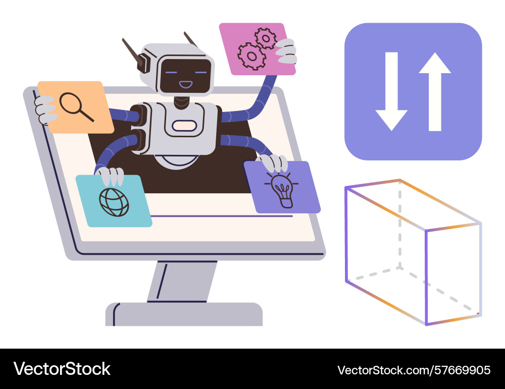 Robot with multitasking abilities displayed via Robot with multitasking abilities displayed via vector image