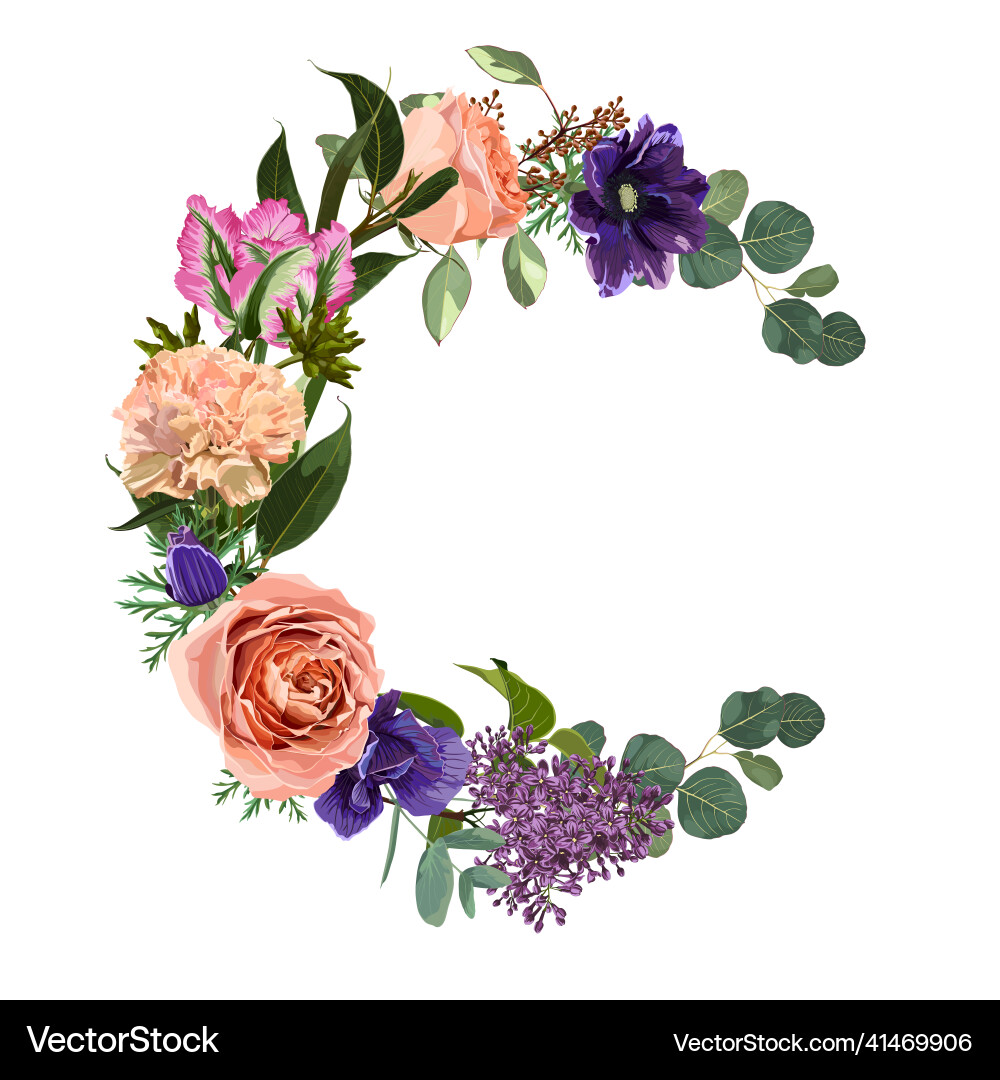 Floral Wreath with Roses and Lilacs Vector Image