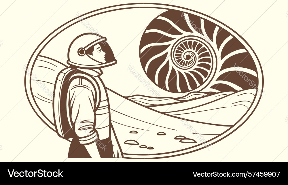 Astronaut explores alien world with fossil Vector Image