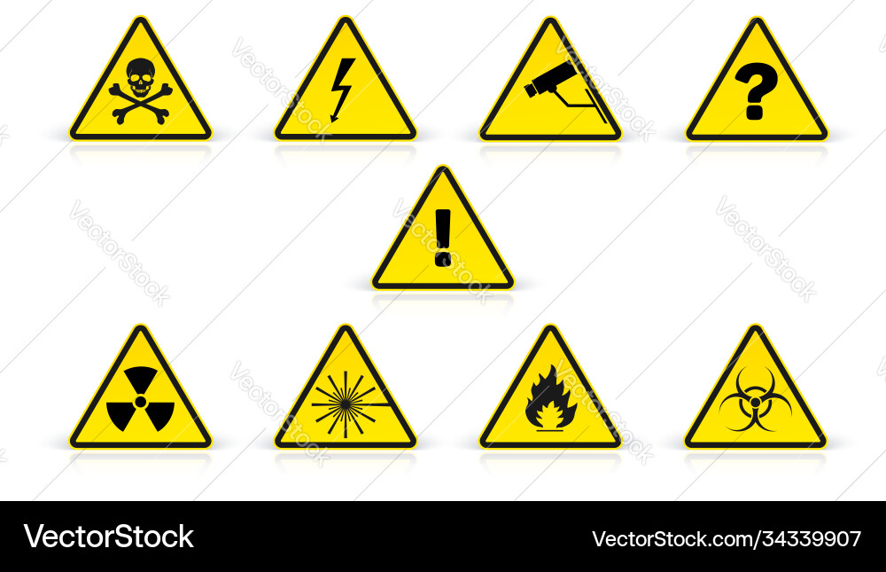 Set warning sign in yellow triangles isolated vector image
