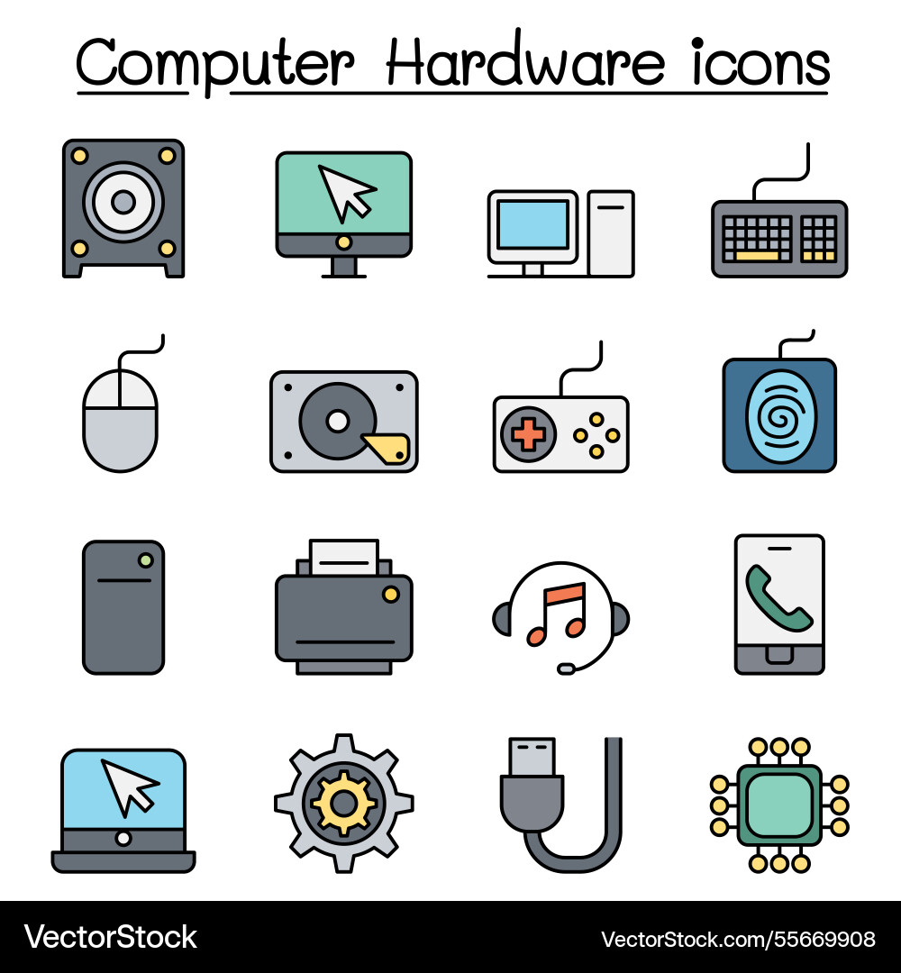 Computer hardware icon set in color line style Computer hardware icon set in color line style vector image