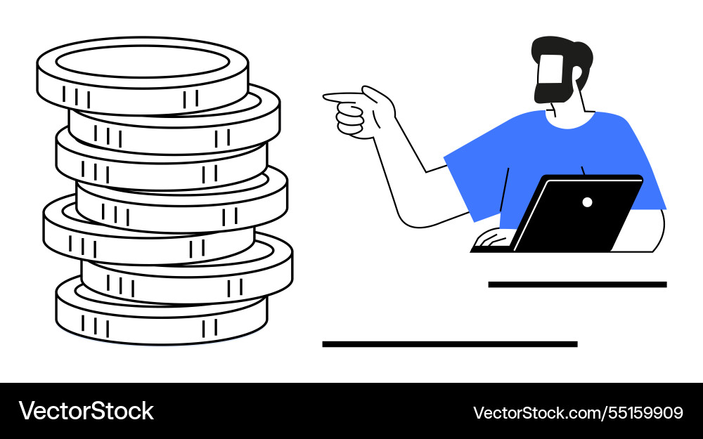 Man pointing at a stack of coins while sitting Vector Image