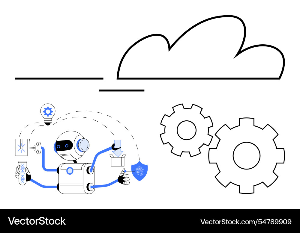 Robot performing multiple tasks with cloud storage Robot performing multiple tasks with cloud storage Vector Image